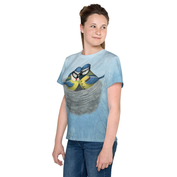 Unisex youth T-shirt "East or West, home is best" (Blue tits)