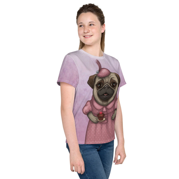 Unisex youth T-shirt "A full stomach makes a happy heart" (Pug)