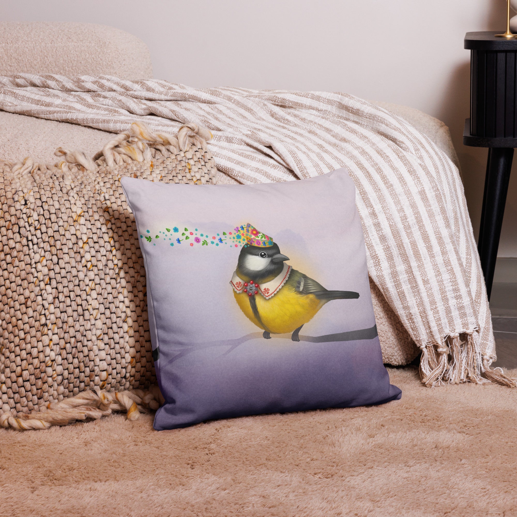 Premium pillow "Be a rainbow in someone's cloud" (Great Tit)