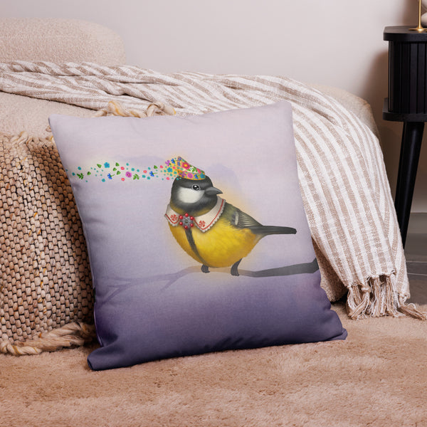 Premium pillow "Be a rainbow in someone's cloud" (Great Tit)