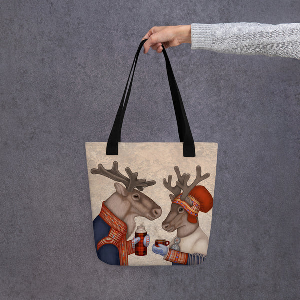 Tote bag "Coffee and love taste best when hot" (Reindeers)