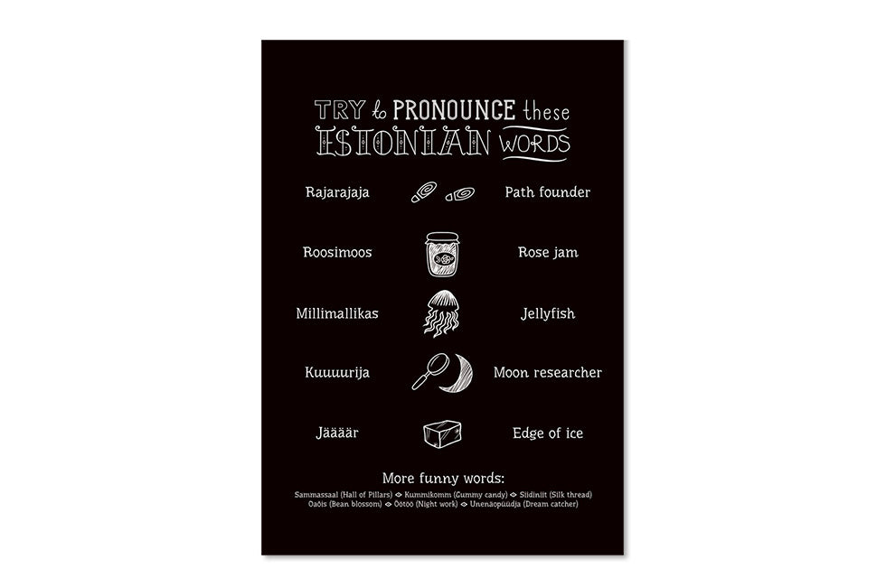 Postkaart "Try to pronounce these Estonian words"