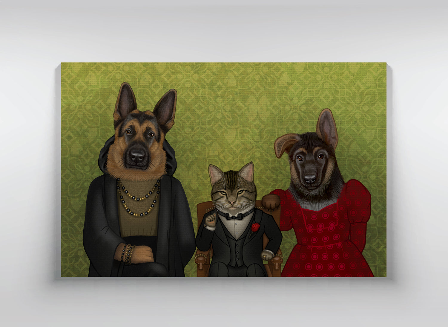 Canvas "We may be different, but we are a family" (Cat and German shepherds)