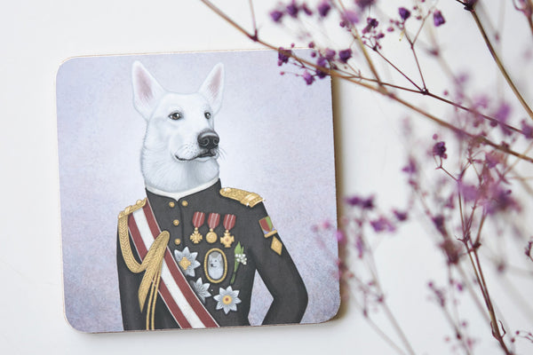 Coaster "A king's face should show grace" (White Swiss Shepherd Dog)
