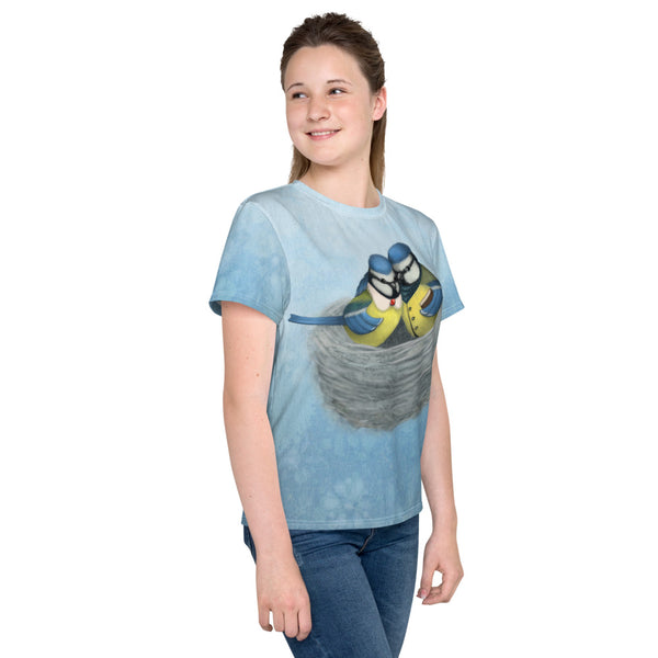 Unisex youth T-shirt "East or West, home is best" (Blue tits)