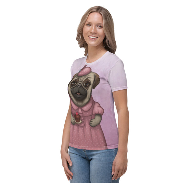 Women's T-shirt "A full stomach makes a happy heart" (Pug)