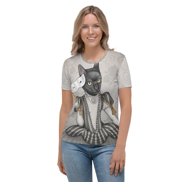 Women's T-shirt "The face is a mask, look behind it" (Cat)