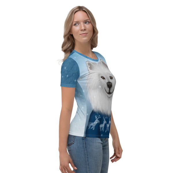 Naiste T-särk "Ükski lumehelves ei lange valesse kohta" (samojeedi koer)