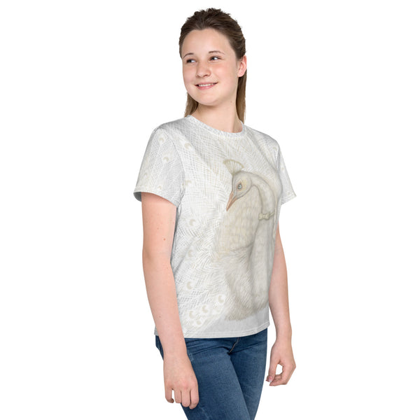 Unisex youth T-shirt "Every bird is proud of its feathers" (White Peacock)