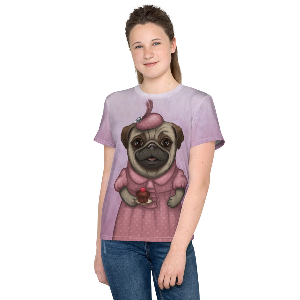Unisex youth T-shirt "A full stomach makes a happy heart" (Pug)
