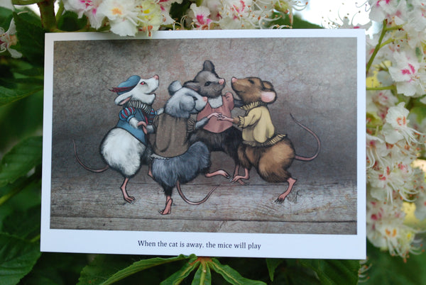 Postcard "When the cat is away, the mice will play" (Mice)