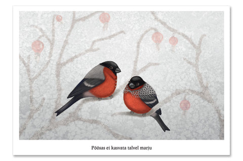 Postcard "A bush doesn't grow berries in winter" (Eurasian bullfinches)