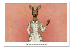 Postcard "An apple a day keeps the doctor away" (Deer)