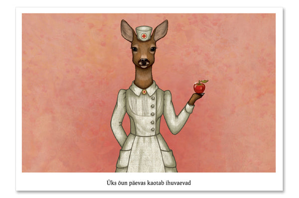 Postcard "An apple a day keeps the doctor away" (Deer)