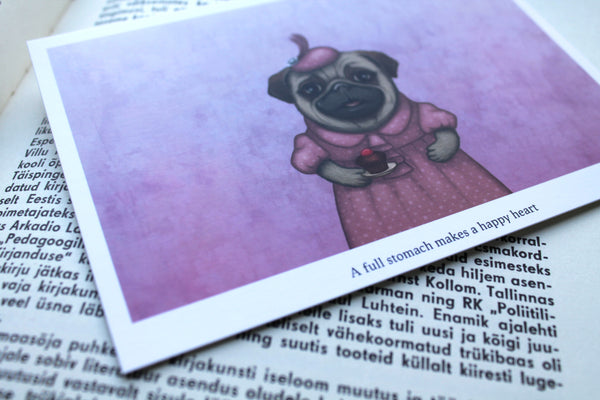 Postcard "A full stomach makes a happy heart" (Pug)