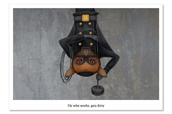 Postcard "He who works, gets dirty" (Large flying fox)