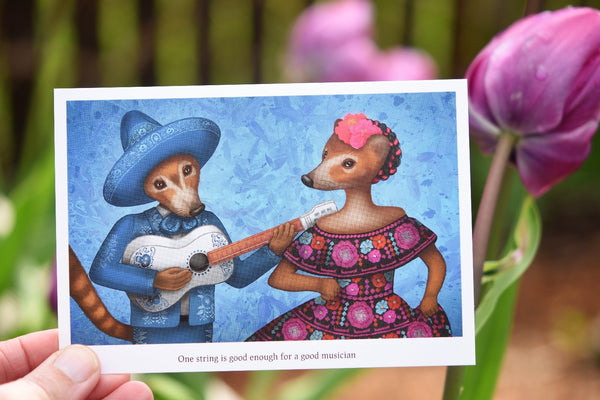 Postcard "One string is good enough for a good musician" (South American coatis)