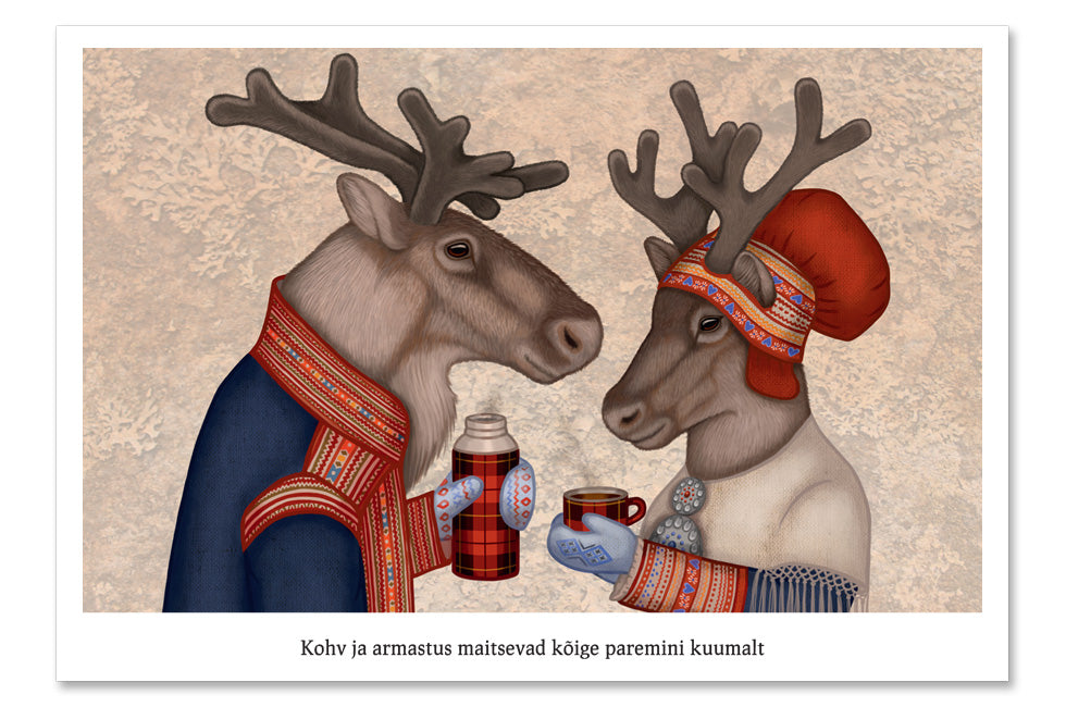 Postcard "Coffee and love taste best when hot" (Reindeers)