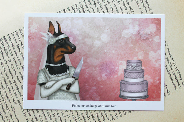 Postcard "The most dangerous food is a wedding cake" (German Pinscher)