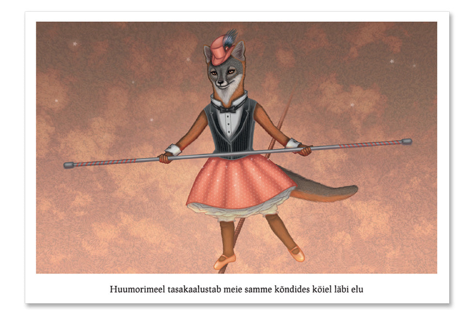 Postcard "A sense of humor is the pole to balance our steps on the tightrope of life" (Island fox)