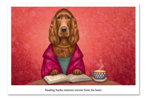 Postcard "Reading books removes sorrow from the heart" (Irish Setter)