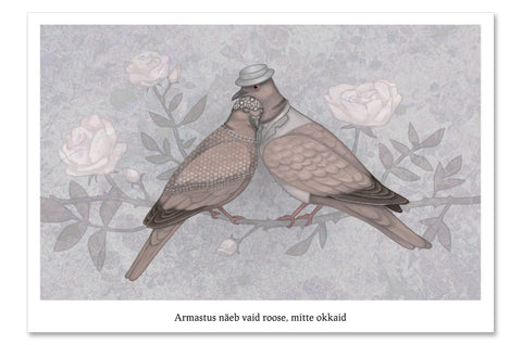 Postcard "Love sees roses without thorns"  (European turtle doves)