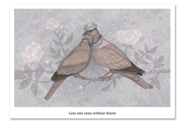 Postcard "Love sees roses without thorns"  (European turtle doves)
