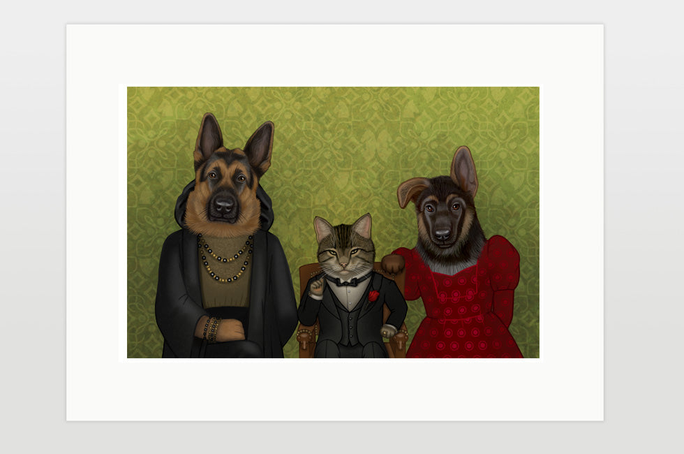 Print "We may be different, but we are a family" (Cat and German shepherds)