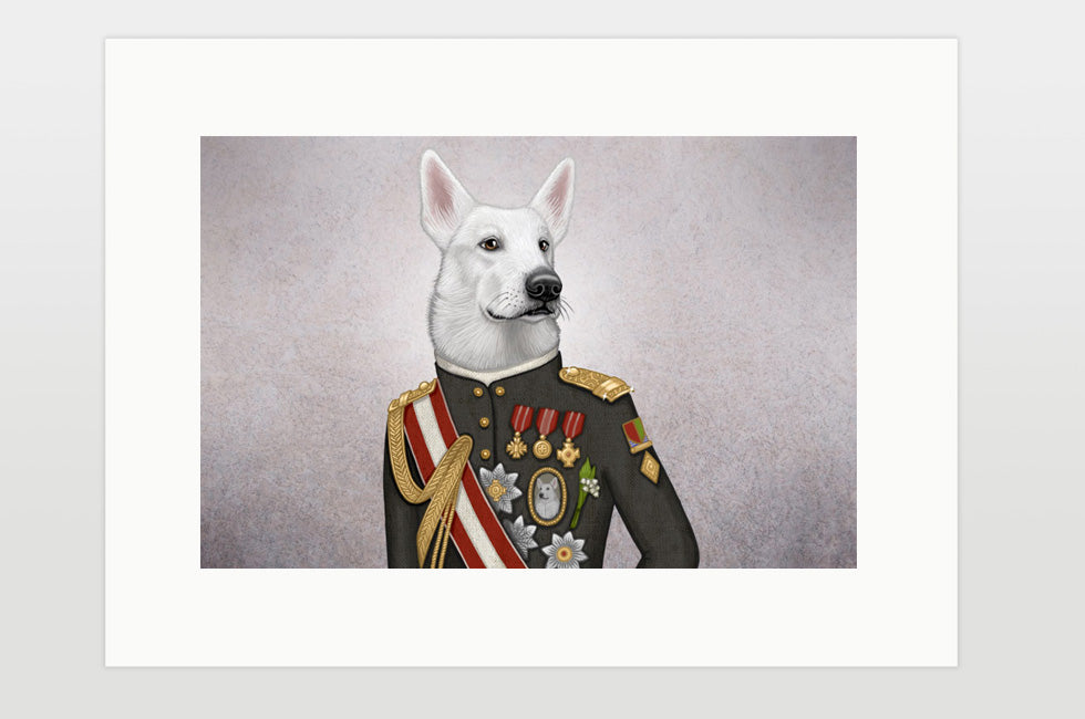 Print "A king's face should show grace" (White Swiss Shepherd Dog)