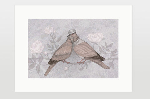 Print "Love sees roses without thorns" (European turtle doves)